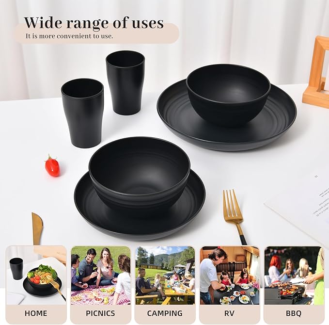 32 Piece Wheat Straw Dinnerware Set - Black Plates and Bowls for 8 Unbreakable Dishwasher &amp Microwave Safe Reusable Lightweight Tableware Ideal for Camping and Everyday Use