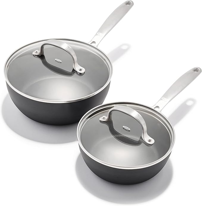 OXO Good Grips Pro 1QT and 2QT Saucepan Pot Set with Lids 3-Layered German Engineered Nonstick Coating Stainless Steel Handles Black