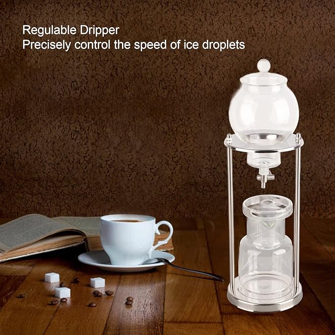 600ml Ice Cold Brew Dripper Coffee MakerCold Brew Drip TowerReusable Glass Cold Brew Maker Filtering Transparent Stainless Steel Stand DIY Ice Coffee Brew Tower