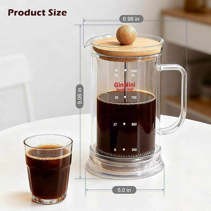 34-Ounce plastic free French Press Coffee Maker Double Wall Glass coffee press Stainless Steel Filter and Shaft Bamboo Knob and Lid Heat-Resistant tea french press no plastic large tea maker
