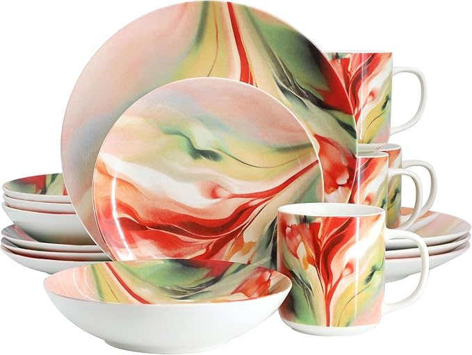 16‑Piece Porcelain Dinnerware Set with Floral Design – Round Plates Bowls and Mugs Microwave &amp Dishwasher Safe Tableware for 4 (Assorted)