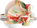 16‑Piece Porcelain Dinnerware Set with Floral Design – Round Plates Bowls and Mugs Microwave &amp Dishwasher Safe Tableware for 4 (Assorted)