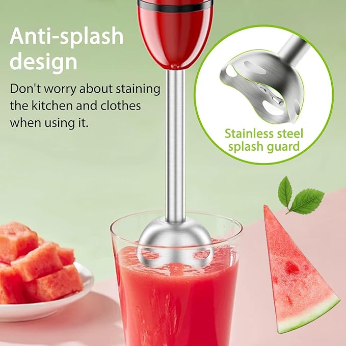 Bonsenkitchen Red Immersion Hand Blender 2-Speed Stick Mixer for Smoothies Soup &amp Baby Food Portable Electric Blender with Stainless Steel Blades Easy Clean