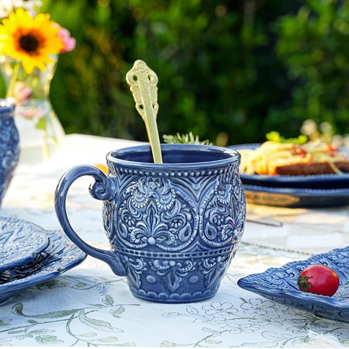 Sungmor Embossed Stoneware Fine Dining Dinnerware Antique Baroque Style Porcelain Coffee Mugs Set of 2 18oz Large Water Cups with Handles Sophisticated Rustic Ceramic Mugs for Tea Milk or Beer