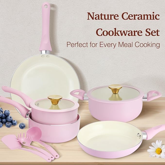 Pots and Pans Set Non Stick Pink Ceramic Cookware Set 11-Piece Induction Cookware Non Toxic Healthy Kitchen Cooking Set Gold Knobs Lids Stay-Cool Handles