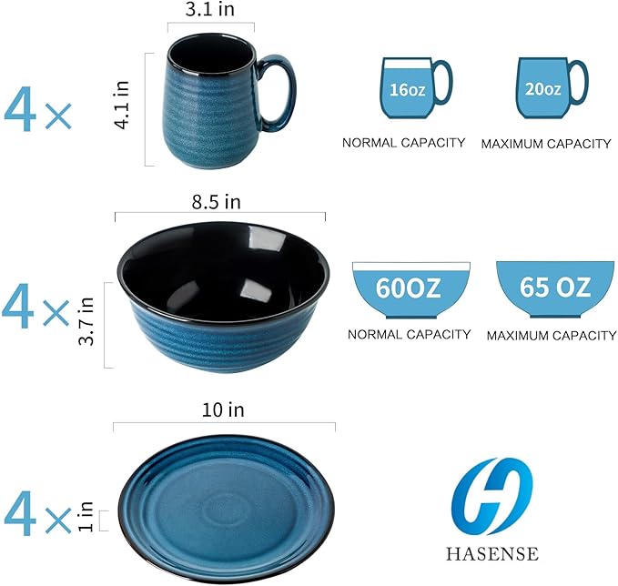 Hasense 12-Piece Porcelain Kitchen Dinnerware Set with Plates Bowls and Mugs Service for 4 Handmade Reactive Glaze Dishes Set Chip Resistant and Scratch Resistant Dishwasher Microwave Safe Blue