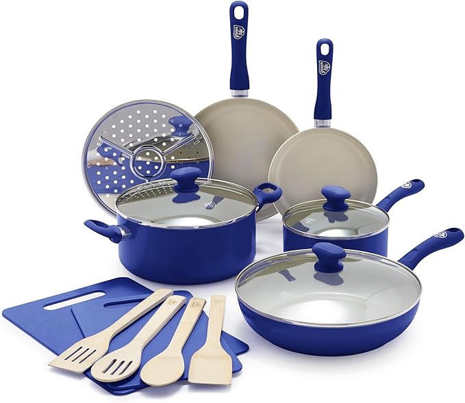 GreenLife Sandstone Healthy Ceramic Nonstick 15 Piece Kitchen Cookware Pots and Frying Sauce Pans Set PFAS- Free Dishwasher Safe Blue