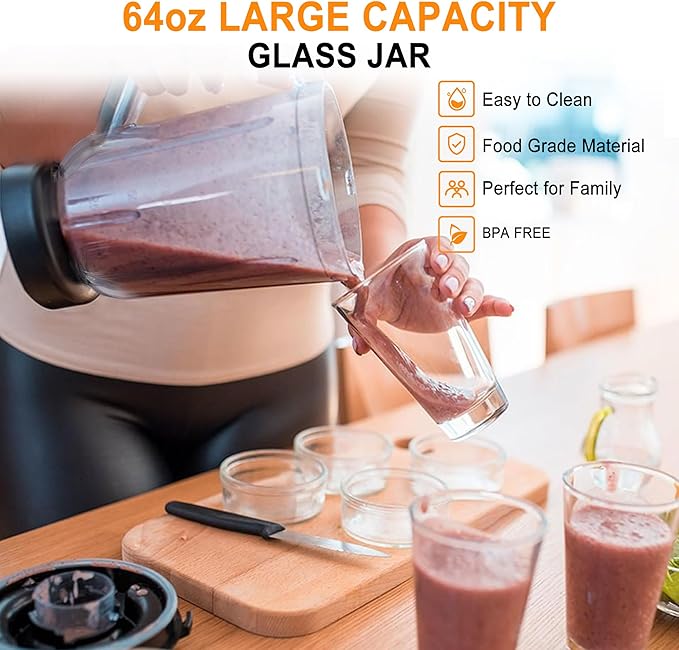 Professional Blender 1200W 64oz Glass Jar Smoothie Blender for Kitchen Countertop with High Speed Total Crushing for Smoothies Frozen Drinks Ice Cream