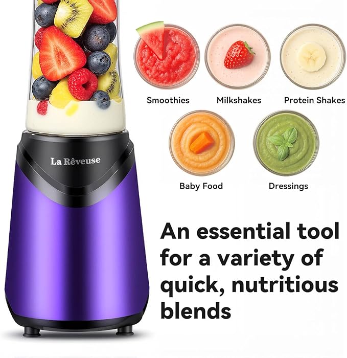 La Reveuse Smoothie Blender Personal Size 300 Watts with 2 Pieces 18 oz BPA-free Travel Sports BottlesPurple