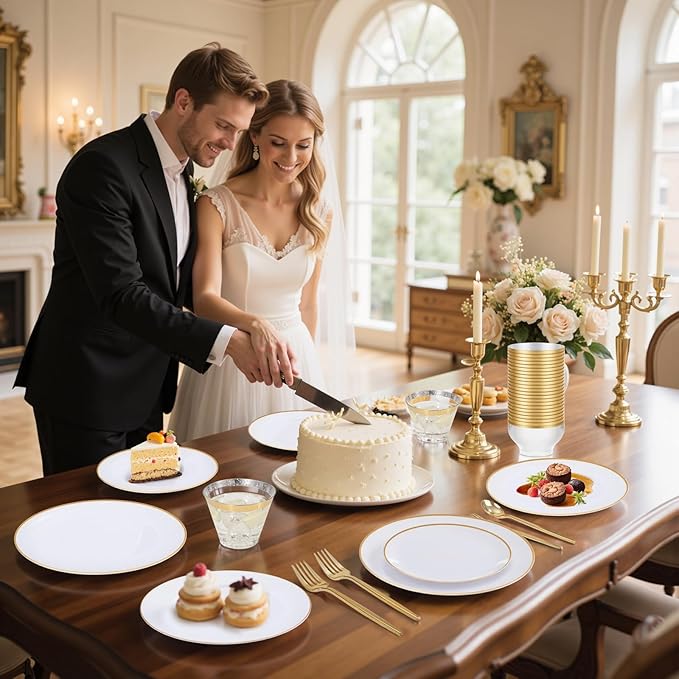 bUCLA 150PCS White and Gold Plastic Plates Disposable - 25 Guests Gold Dinnerware Set - Include 25 Each (Dinner &amp Dessert) Plates 25 Knives 25 Forks 25 Spoons &amp 25 Cups for Party