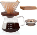 Pour Over Coffee Maker 600ml Borosilicate Glass Drip Coffeemaker Server Set with 100pcs V60 Cone Paper Filters Walnut Collar Glass Lid Clear Hand Brew Dripper Carafe for Home Camping Travel 20.3oz