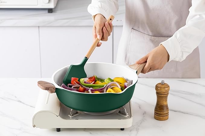 Country Kitchen Pots and Pans Set Nonstick Cast Aluminum Kitchen Cookware Set with Utensils 14 Pcs Non Stick Cooking Set w/Frying Pans &amp Saucepans Sage