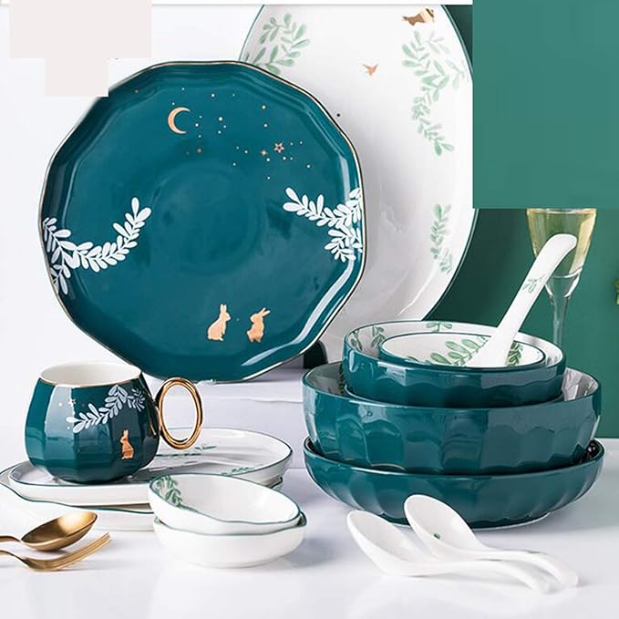 Style Dinnerware Set with Dinner Plate Dessert Plate Soup Plate Bowl Mug Service Heat Insulation and Anti Scalding Can Be Used in The Dishwasher OvenAB