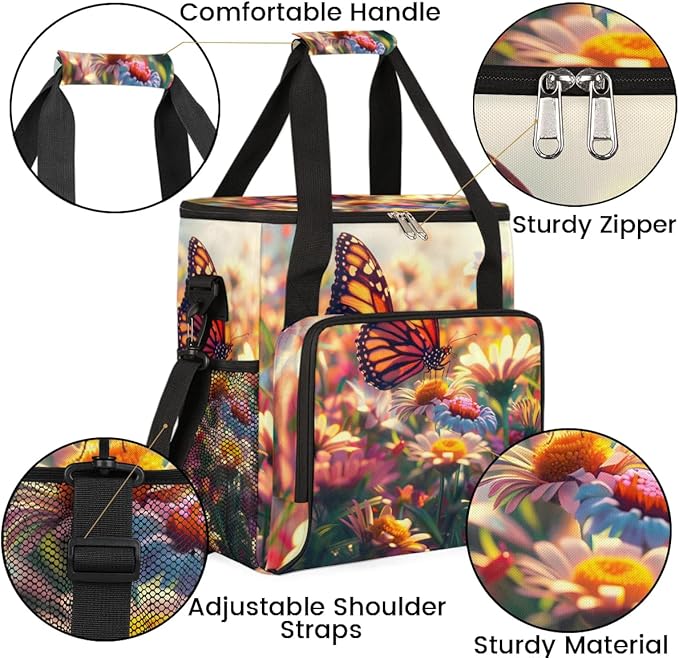 Sunshine Butterfly Colorful Flowers Leaves Coffee Maker Carring Bag Travel Tote Bag Compatible with Keurig K-Mini or K-Mini Plus Portable Single Serve Coffee Brewer Case with Pockets for K-cup Pods