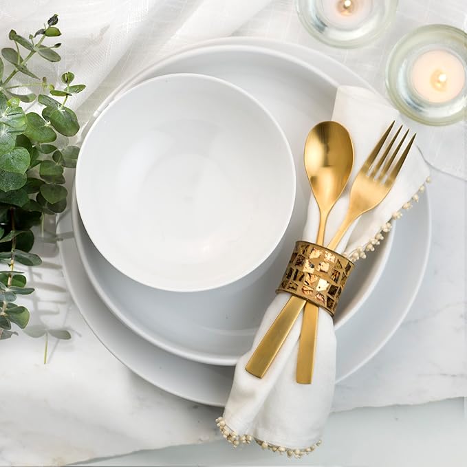 Euro Ceramica White Essential 12 Piece Fine Porcelain Double Bowl Dinnerware Set Service for 4