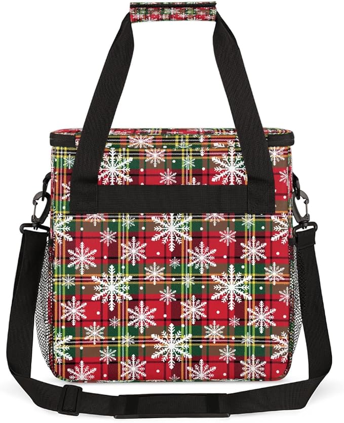 Christmas Snowflake Plaid Green Coffee Maker Carring Bag Travel Carrying Storage Tote Bag Compatible with Keurig K-Mini or K-Mini Plus Portable Single Serve Coffee Brewer Case with Pockets
