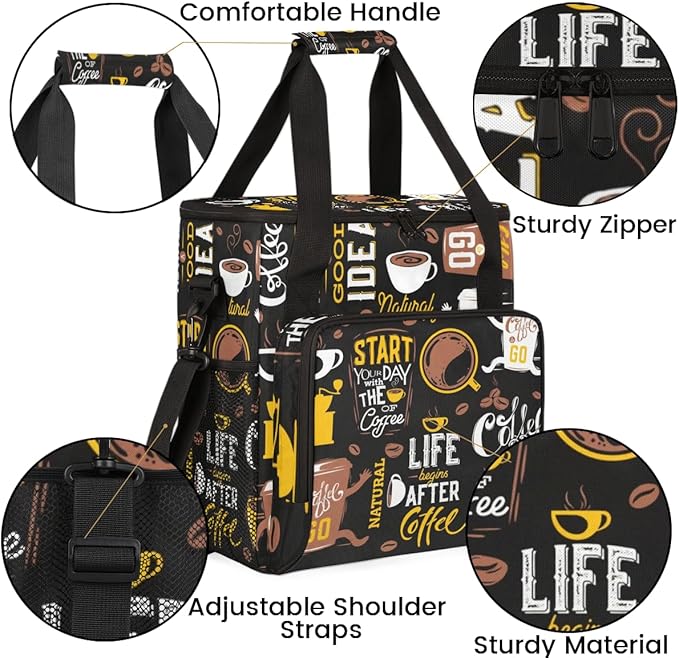 Start Your Day with Coffee Travel Bag Compatible with Keurig K-Mini Single Serve Coffee Brewer Carrying Case Compatible for K-Mini Plus with Multiple Pockets for K-Cup Pods (Bag Only)