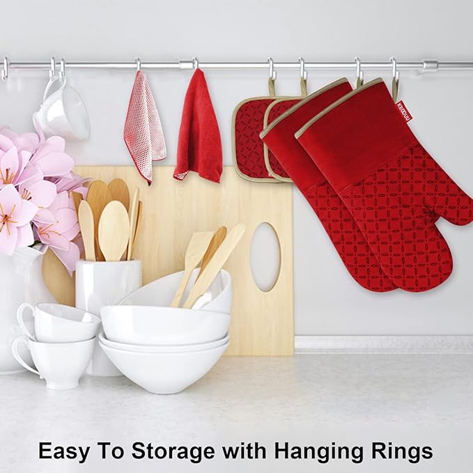 KEGOUU Oven Mitts and Pot Holders 6pcs Set Kitchen Oven Glove High Heat Resistant 500 Degree Extra Long Oven Mitts and Potholder with Non-Slip Silicone Surface for Cooking (Red)