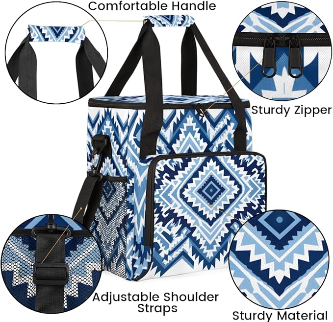 Boho Aztec Coffee Maker Carrying Bag Blue Stripe Travel Storage Bag Compatible with K-Mini or K-Mini Plus Single Serve Coffee Brewer Carrying Case with Multiple Pockets &amp Shoulder Strap