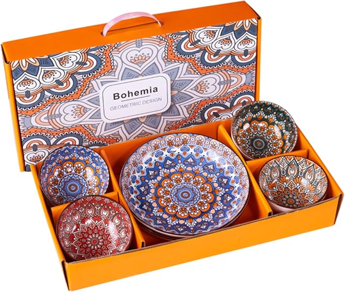 Bohemian Ceramic Dinnerware Set 4 Soup Bowls 2 Plates Dishwasher and Microwave Safe Ideal for Salad Pasta Rice Oatmeal and Fruits Perfect Kitchen Essentials Bohemian Style Dinnerware