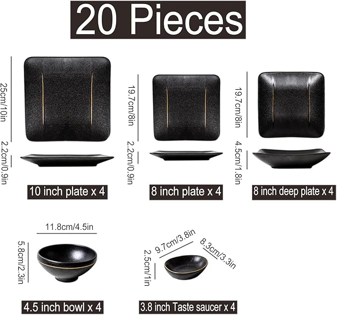 20 Pieces Porcelain Dinnerware Set Kitchen Dinner Set Square Ceramics Plates and Bowls Sets Dishes Set