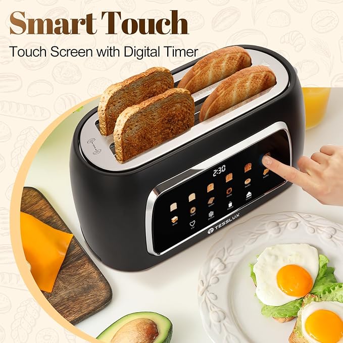 4 Slice Toaster with Touch Screen Control 1.5 Wide Long Slots 6 Browning Levels &amp 6 Bread Types Digital Timer Memory Defrost Reheat (BLACK)