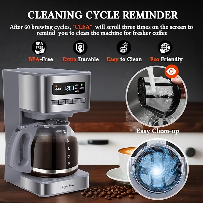 Taylor Swoden Programmable Coffee Makers 12 Cup Hot and Iced Coffee Maker 4 Brew Strength LED Display 24H Timer Keep Warm&ampAuto Shutoff- Drip Coffee Machine for Home/Office Gray &amp Stainle
