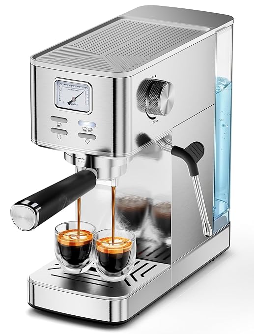 COWSAR Espresso Machine 20 Bar Compact Commercial Espresso Maker with Milk Frother Visual Pressure Gauge Coffee Machine with 47oz Removable Water Tank and Capsule Funnel for Cappuccino Latte