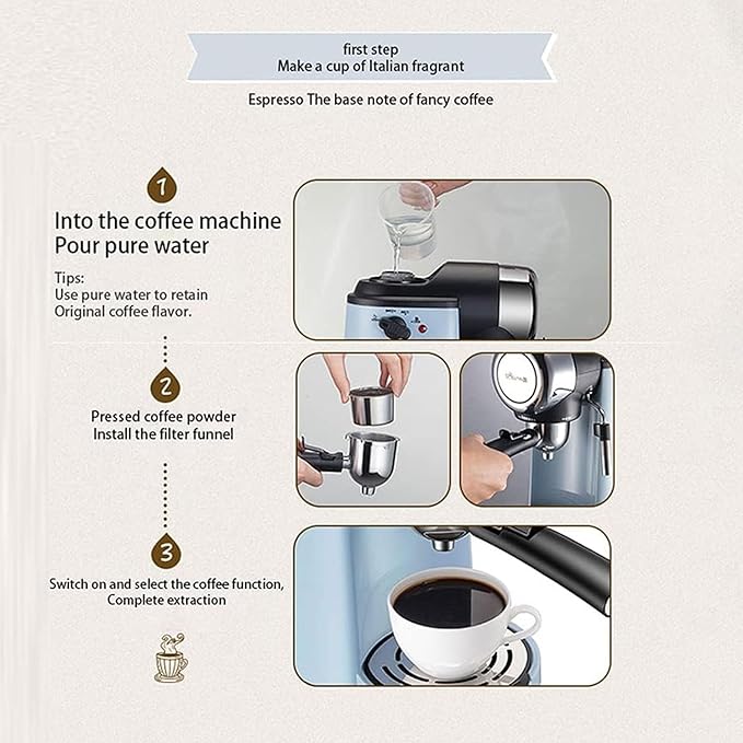 Espresso Coffee Maker 240ml Small Automatic Hand Grinding Coffee Machine with Steam Milk Frother Cappuccino Latte Machine with Latte Art Cup Coffee Pot for Home Office (Blue