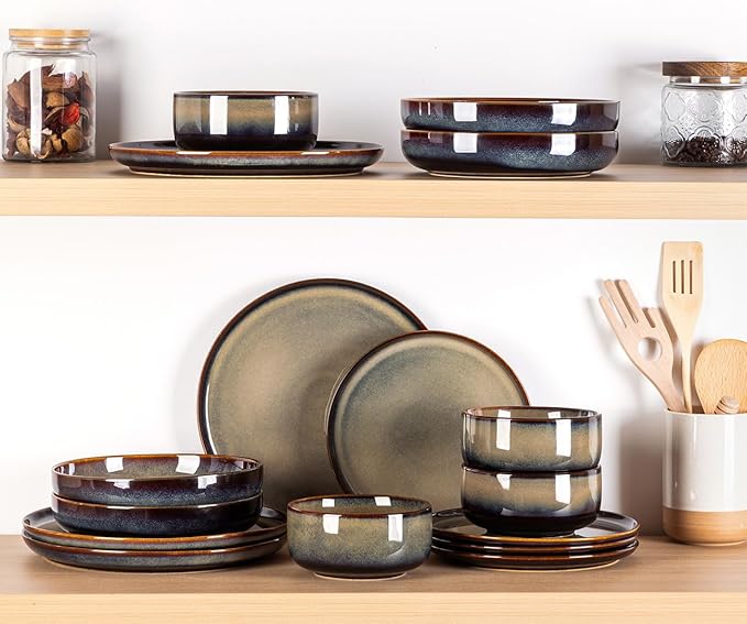 TheTerra Ceramic Dinnerware Sets for 4 12 Pieces Handmade Reactive Glaze Plates and Bowls Set Scratch Resistant Dish Set Oven &amp Microwave &amp Dishwasher Safe