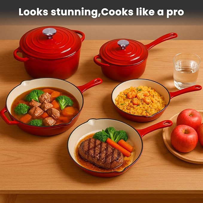 QuliMetal Nonstick Enameled Cast Iron Cookware Set 5 Pcs Pots and Pans with Lid Skillet Frying Pan Saucepan &amp Dutch Oven for All Stovetops PFA Free - Ideal for Sourdough Bread Baking