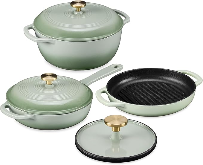 Best Choice Products Non-Stick Pot &amp Pan Cookware Set Cast Iron 2Qt Skillet W/Lid 10 Grill Or Griddle Pan W/Press 6Qt Enameled Dutch Oven Non-toxic For Cooking &amp Grilling - Sage