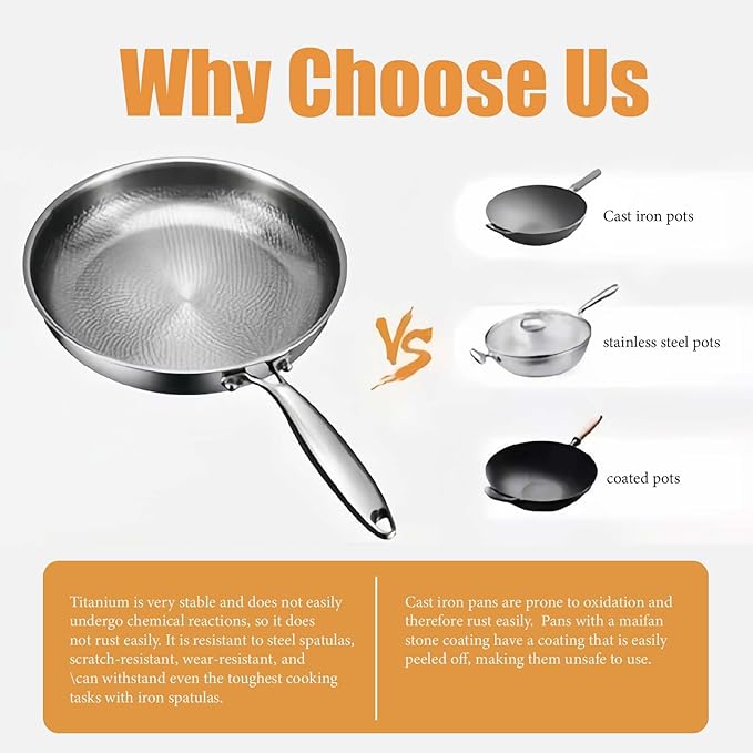 Titanium Frying Pan Titanium Hammered Cookware Set Pro Pure Titanium Frying Cookware Pan With Lid For Cooking Suitable For All Stovetops No Coating | Non-Stick (With lid 12.6in)