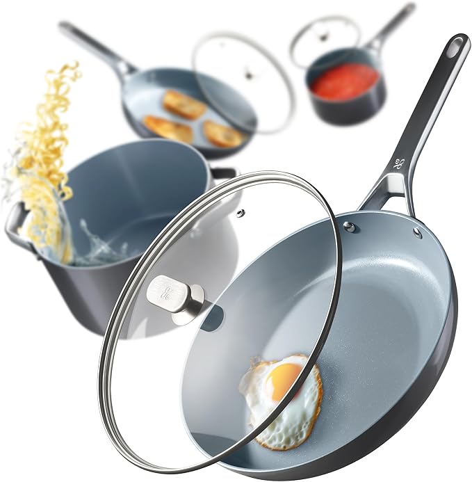 Greater Goods Savvy Ceramic Nonstick Cookware Set and Cold Press Juicer Bundle (Midnight Gray/Onyx Black)