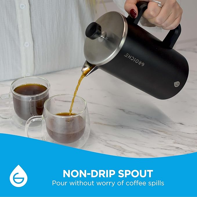 GROSCHE Dub'lin Stainless Steel Coffee Maker French Press 8 Cup | 34 FL Oz Coffee Press 18/8 Double Walled Stainless Steel French Press Coffee Maker - Hot/Cold Brew | Stainless French Press - BLACK