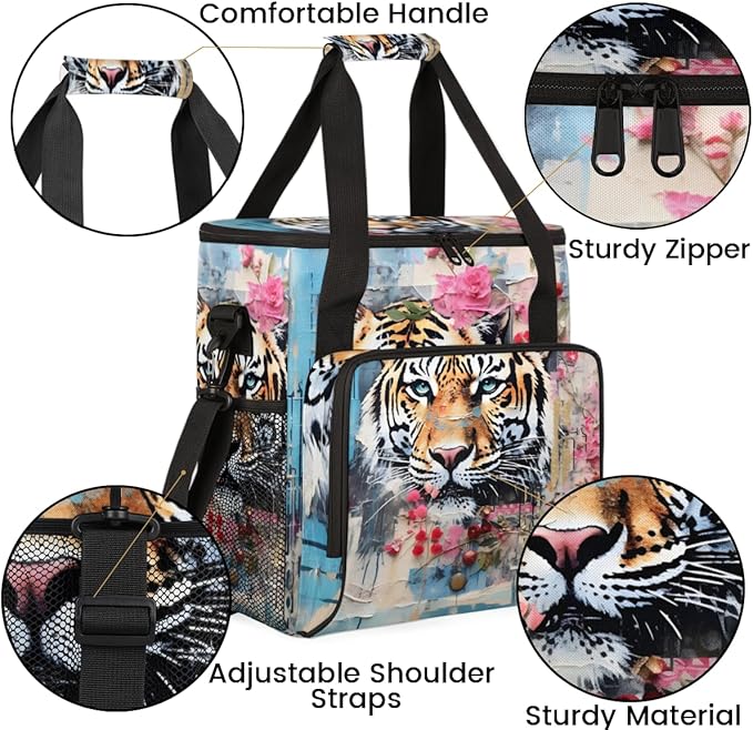 Oil Painting Tiger Coffee Maker Carrying Bag Graffiti Tiger Travel Storage Bag Compatible with K-Mini or K-Mini Plus Single Serve Coffee Brewer Carrying Case with Multiple Pockets &amp Shoulder Str