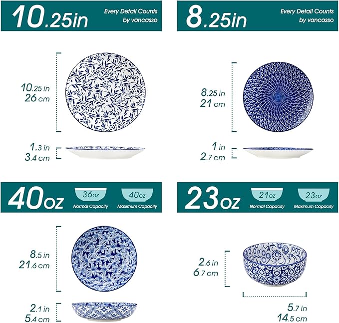 vancasso SELENE Plates and Bowls Set for 6 24 Pieces Dinnerware Sets and 6 oz Ceramic Ramekins Set of 6 Microwave &amp Dishwasher Safe