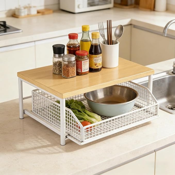 Kitchen Countertop Organizer with Drawer and Wire Basket 2-Tier Hardwood Shelf Space-Saving Storage for Microwave Coffee Maker Toaster Kitchenware (Monolayer-Black)
