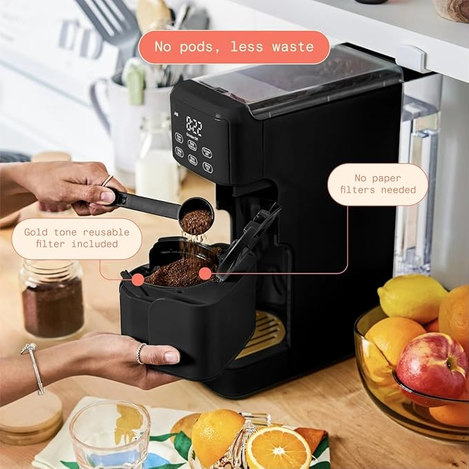 Perfect Grind Single Serve Coffee Maker built-in grinder 6 sizes 3 strengths pod-free reusable filter 64oz reservoir touch display hot &amp iced brew. (Black Sesame)