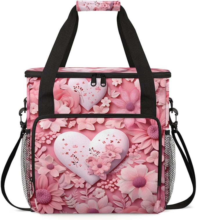 Heart Pink Flowers Coffee Maker Carrying Bag Portable Travel Storage Tote Bag Compatible with K-Mini or K-Mini Plus Single Serve Coffee Brewer Carrying Case with Multiple Pockets &amp Shoulder Stra