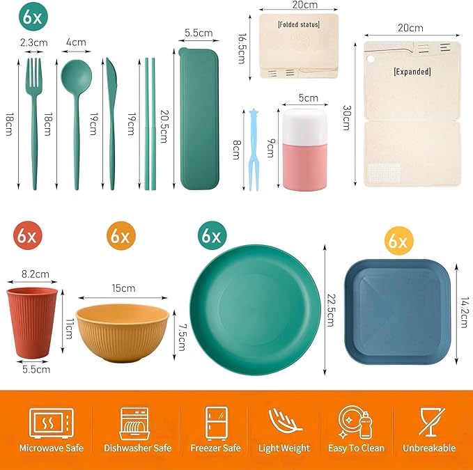48 Pieces Wheat Straw Dinnerware Sets for 6Reusable Plates Bowls Outdoor Camping Dishes Kitchen Plates Cups and Bowls SetMicrowave&ampDishwasher Safe TablewareLightweight &amp Unbreakable