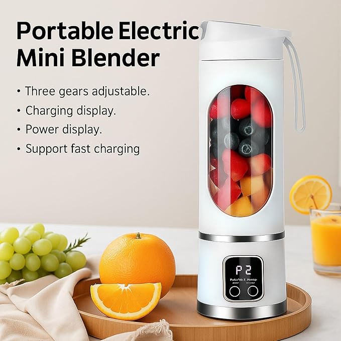Digital Multimode Display Blender Portable Digital Display Juicer USB Rechargeable Mini Juice Cup With 12 Stainless Steel Blades Leak Proof Design (White)