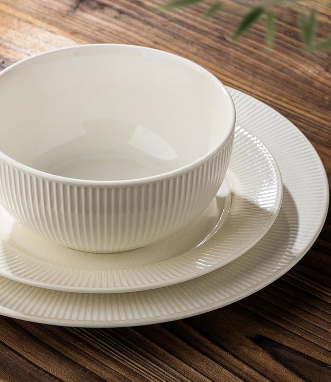 TheTerra Stoneware Dinnerware Sets for 6 18 Pieces Ceramic Plates and Bowls Sets Scratch Resistant Embossed Dish Set Oven Microwave &amp Dishwasher Safe Reactive White