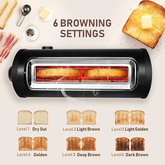Long Slot Toaster with Cover 2 Slice 1.65'' Extra Wide Slot Stainless Steel Toasters with Reheat Defrost Cancel Functions6 Shade Settings Single Slim Bread ToasterRemovable Crumb TrayMatte Black