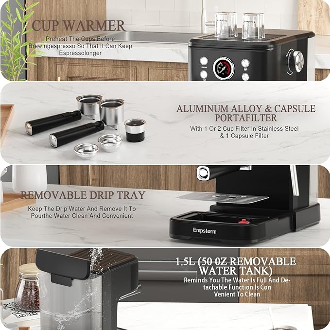 Espresso Machine 20 Bar Latte Coffee Makers 2 IN 1 Professional Cappuccino Machine and Milk Frother Steam Wand Compatible for NS Original Capsules &amp2 Pack Shot Glasses Measuring Cup 2oz Es