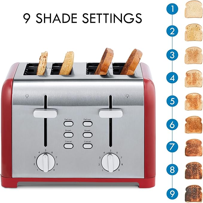 Kenmore toaster 4 slice - extra wide slot countertop kitchen appliance defrost function tostador de pan 9 shade settings compact design easy clean crumb tray bread bagel stainless steel &amp R