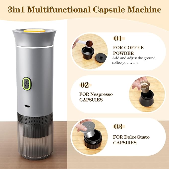 Portable Coffee Maker Espresso Machine for camping Travel Coffee Maker with USB-C 3-in-1 Small Espresso Machine with Ground Coffee &amp Capsules (NS＆DG) for RV Hiking Office(Silver)