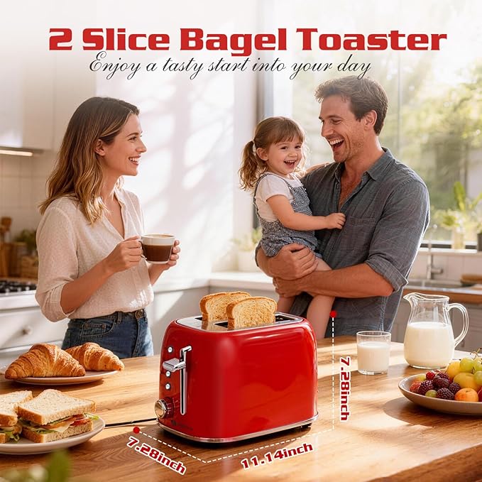 Aigostar Toaster 2 Slice Retro Extra-Wide Slot Toasters Best Rated Prime for Toasting Bagels Breads Waffles &amp More Cancel Defrost &amp 6 Browning Removable Crumb Tray Stainless Steel Red