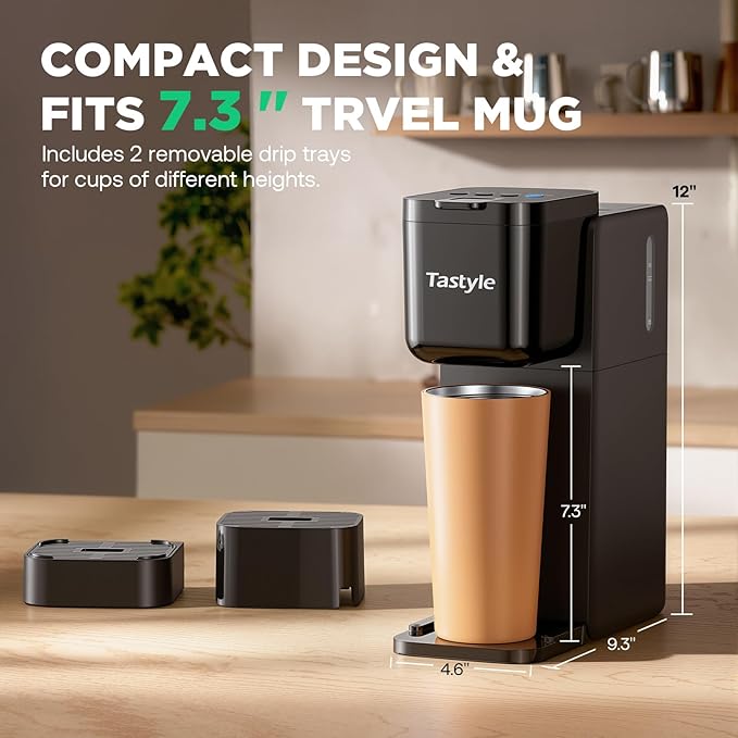 Single Serve Coffee Maker Hot and Iced with Bold Brew Small Coffee Machine for K Cup and Ground Fits 7.3'' Travel Mug Brews up to 16 Oz 5 Cup Sizes for Office RV&amp Hotel Elegant Black