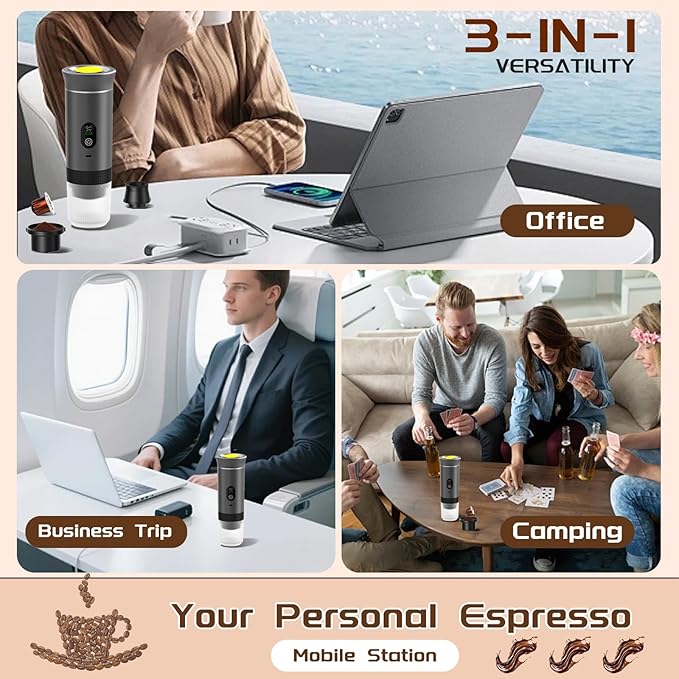 3-in-1 Portable Espresso Machine for Travel &amp Camping- 20 Bar Self-Heating Portable Coffee Maker with USB-C LED Display Car Coffee Maker Compatible with Grounds&ampCapsules(Ns&ampDG) for RV Hi